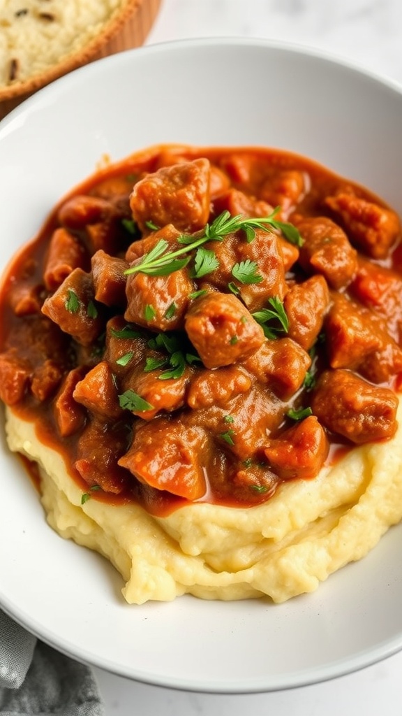 A bowl of pork ragu served over creamy polenta, garnished with fresh herbs.