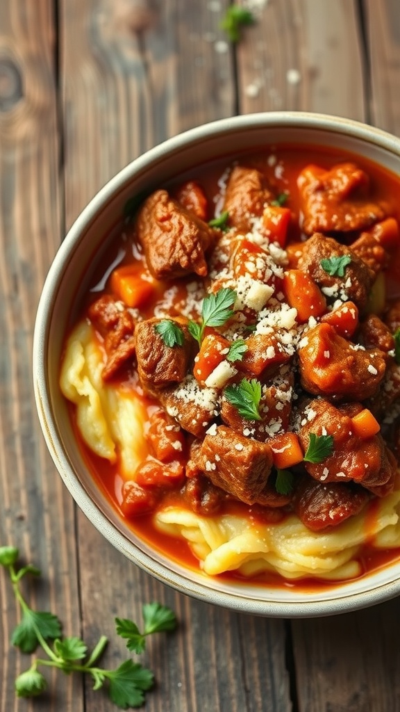 A bowl of pork ragu served over creamy polenta, garnished with parsley and cheese.