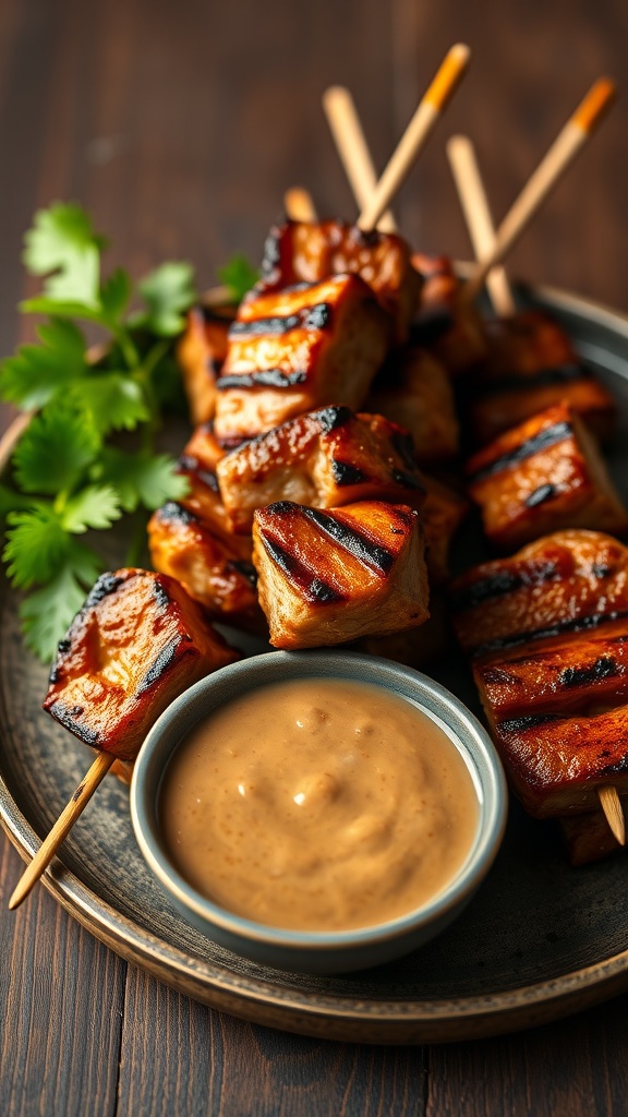 Grilled pork satay skewers served with peanut sauce on a wooden plate, garnished with cilantro.