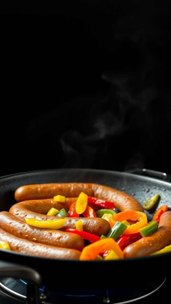 A skillet with pork sausages and colorful bell peppers cooking
