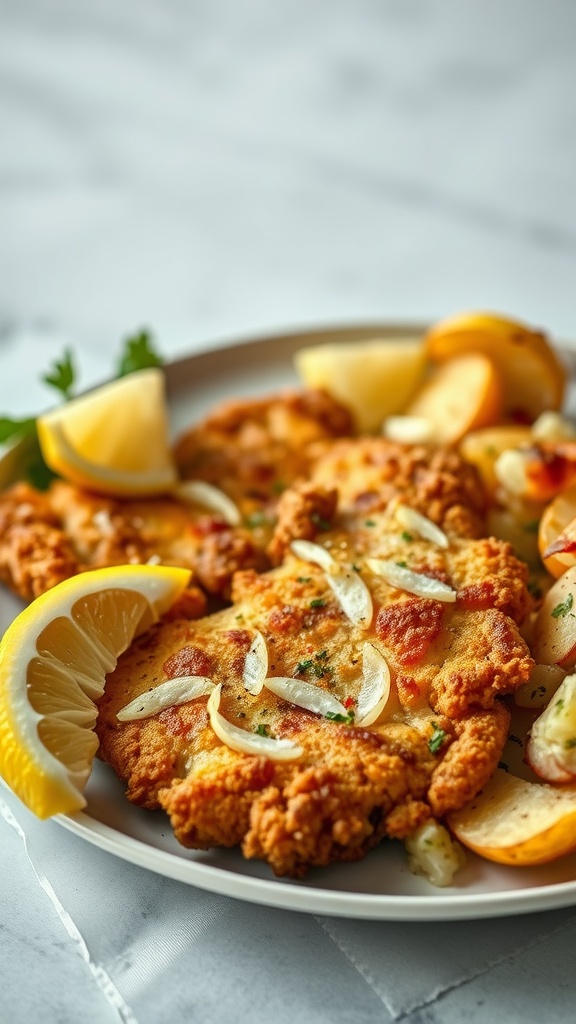 Plate of pork schnitzel garnished with lemon wedges and a side of vegetables.
