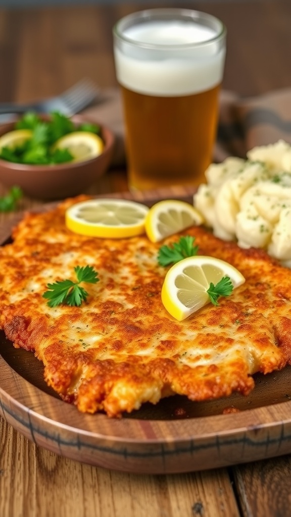 Delicious pork schnitzel served with lemon wedges and mashed potatoes