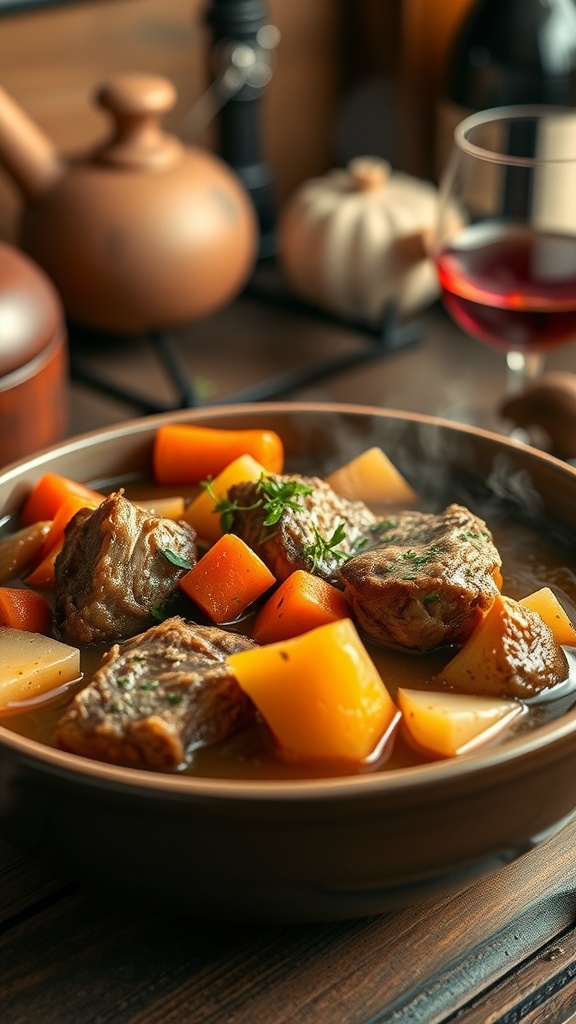 A bowl of pork shoulder stew with carrots and potatoes, garnished with herbs, alongside a bottle of red wine.