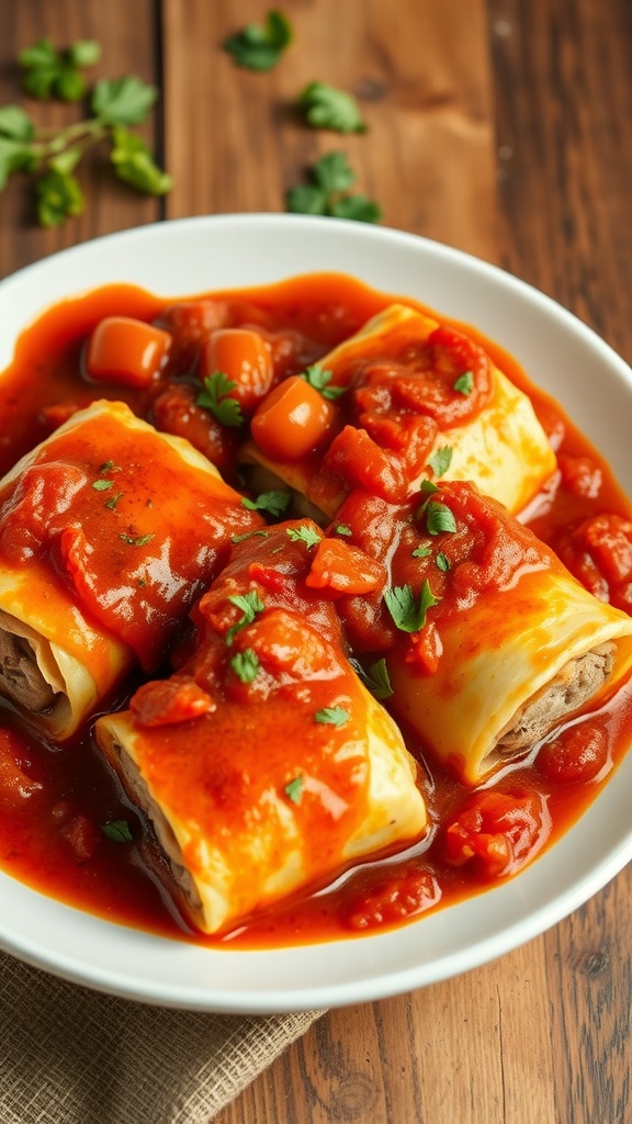 A bowl of pork stuffed cabbage rolls topped with tomato sauce and parsley.