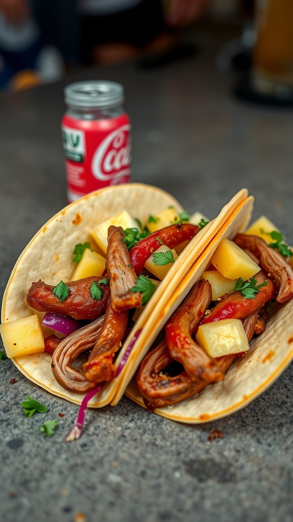 Two pork tacos al pastor with pineapple and cilantro, accompanied by a can of soda.