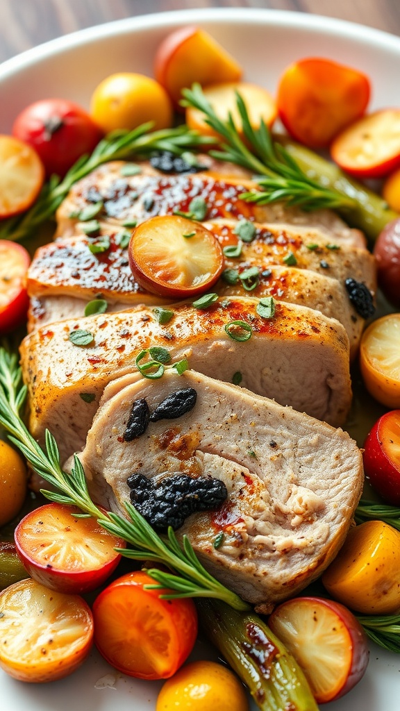 Pork tenderloin sliced and served with colorful cherry tomatoes and herbs