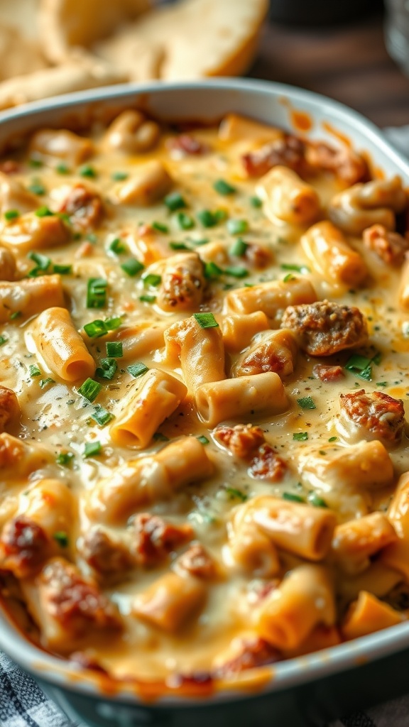 A delicious-looking pork tetrazzini bake with pasta and red peppers.