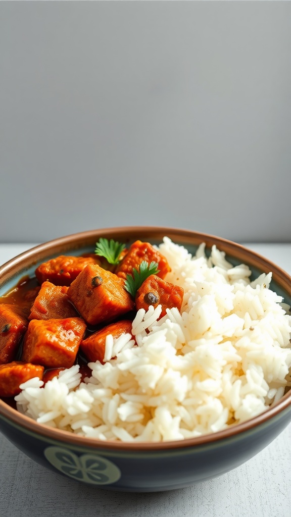 A bowl of Pork Vindaloo with rice, garnished with herbs