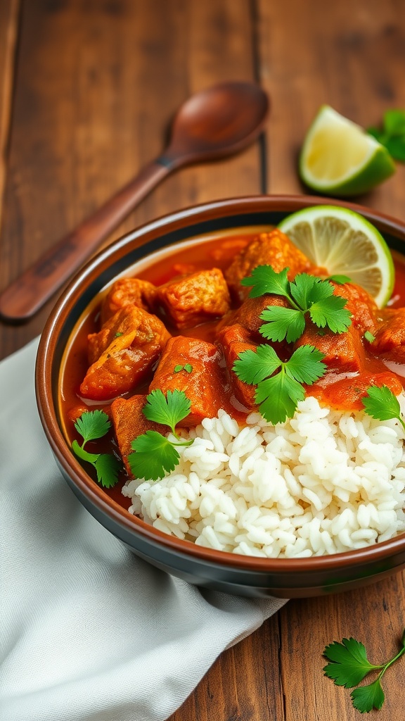 Bowl of Pork Vindaloo with white rice, garnished with cilantro and lime