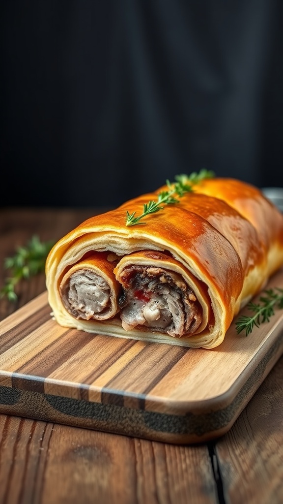 A beautifully rolled Pork Wellington wrapped in golden puff pastry, displayed on a wooden cutting board.