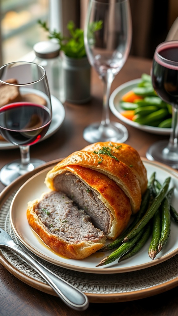 A succulent Pork Wellington served with green beans and a glass of red wine.