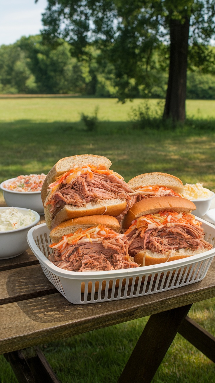 A stack of pulled pork sandwiches on a wooden table, topped with coleslaw and fresh vegetables.