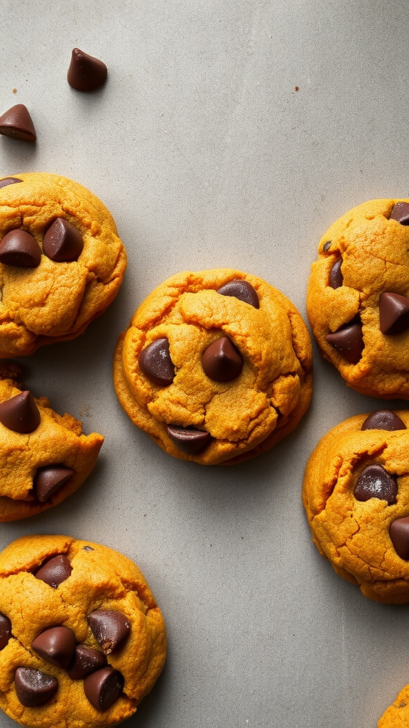 A batch of pumpkin chocolate chip cookies on a gray surface.