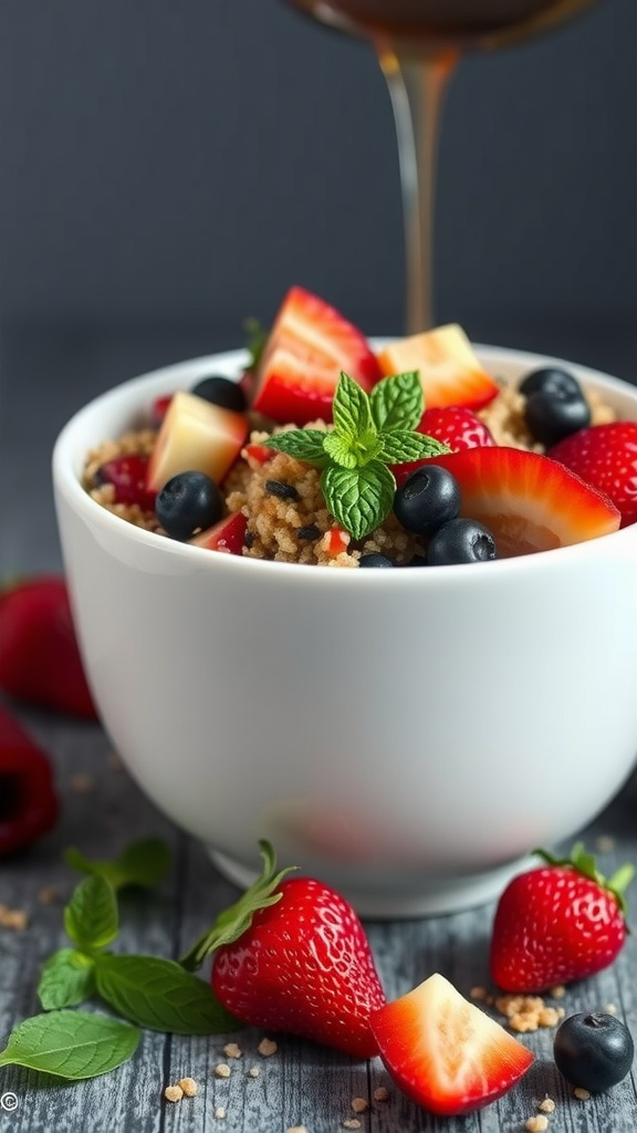 A delicious quinoa fruit salad bowl topped with strawberries, blueberries, and a drizzle of syrup.