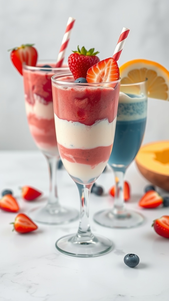 Three colorful rainbow fruit smoothies in clear glasses topped with fresh fruit and colorful straws.