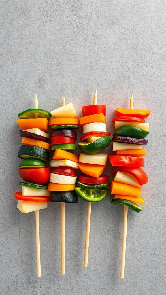 Colorful vegetable skewers with bell peppers, zucchini, cherry tomatoes, and mushrooms.