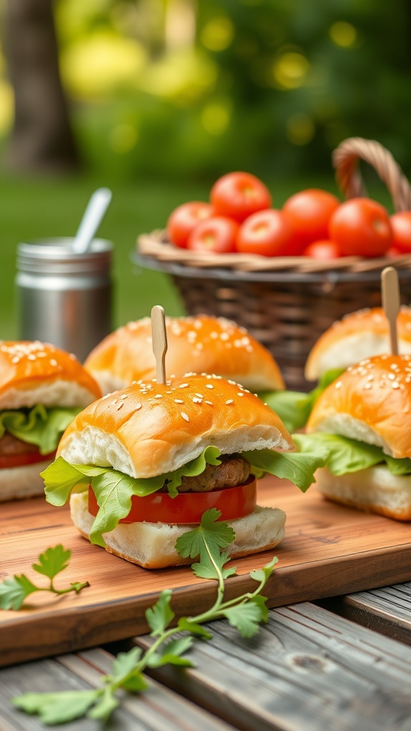 A platter of ranch-style beef sliders with lettuce and tomato, next to a basket of fresh tomatoes.
