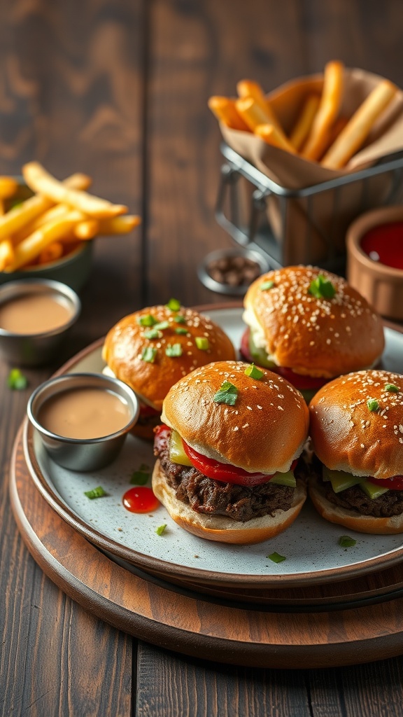 A plate of ranch-style beef sliders with fries and dipping sauce.