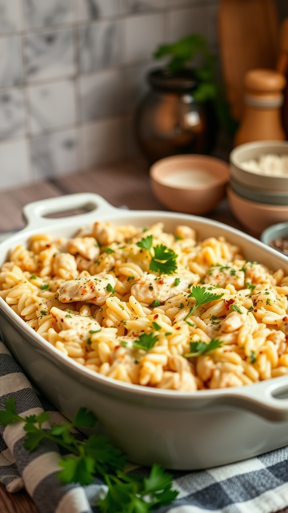 A creamy ranch chicken and rice casserole with herbs, served in a baking dish.