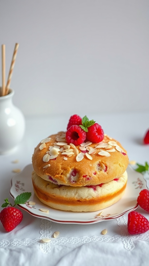 A beautiful Raspberry Almond Cake topped with fresh raspberries and sliced almonds on a decorative plate.