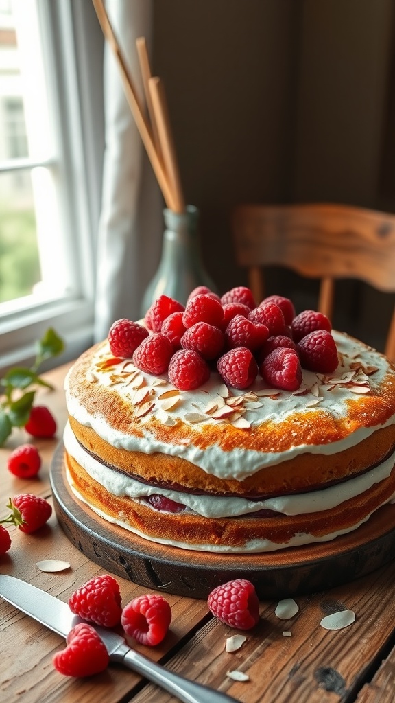 A beautifully layered Raspberry Almond Cake topped with fresh raspberries and almond slivers.