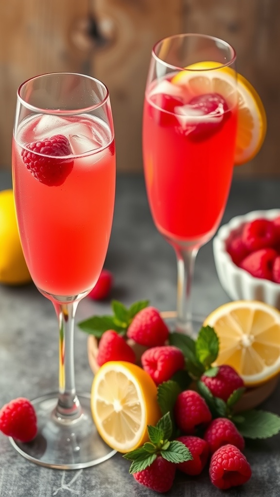 Two glasses of Raspberry Lemonade Mimosas garnished with lemon slices and raspberries, with fresh fruit and mint in the foreground.
