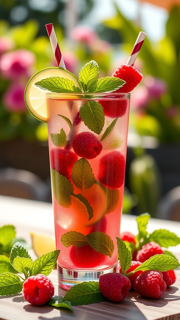 A vibrant raspberry mojito garnished with fresh mint and raspberries, set against a blurred floral background.