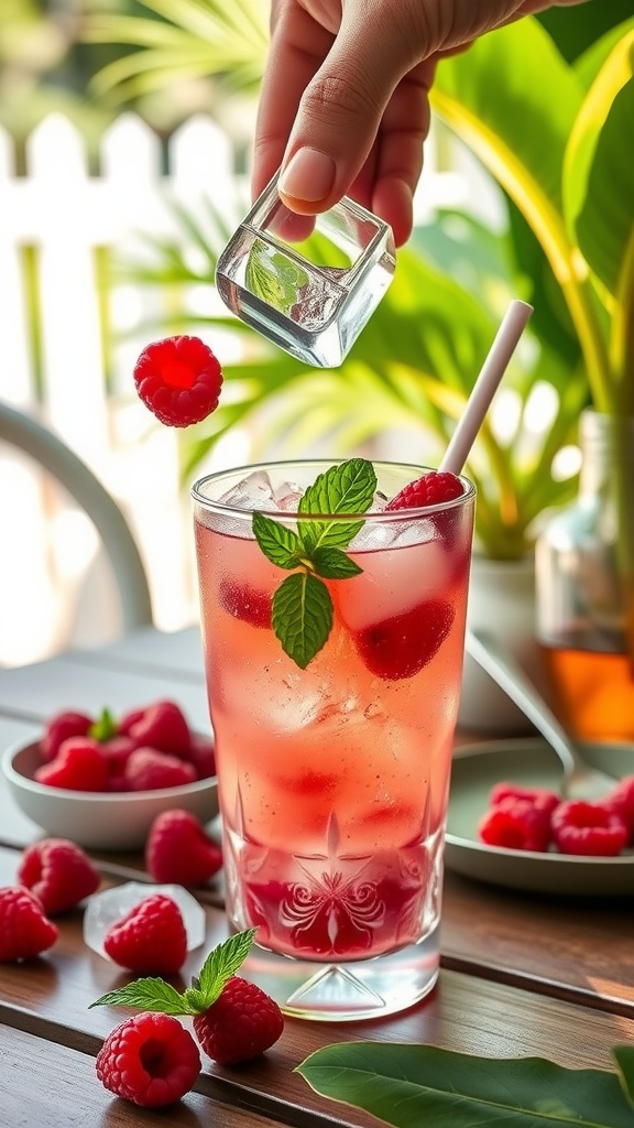 A refreshing Raspberry Rum Smash cocktail garnished with fresh raspberries and mint leaves, set against a tropical background.