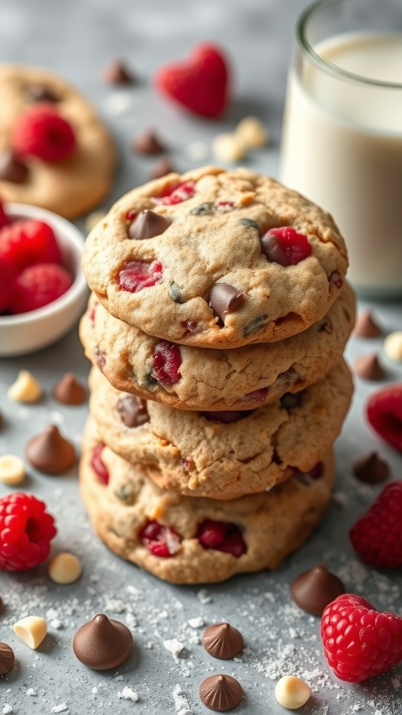 A stack of raspberry white chocolate cookies with fresh raspberries and chocolate chips scattered around, and a glass of milk in the background.