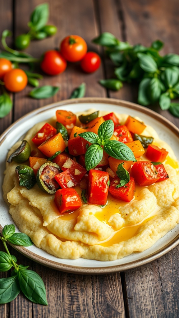 A plate of ratatouille served over creamy polenta, garnished with fresh basil and surrounded by cherry tomatoes.