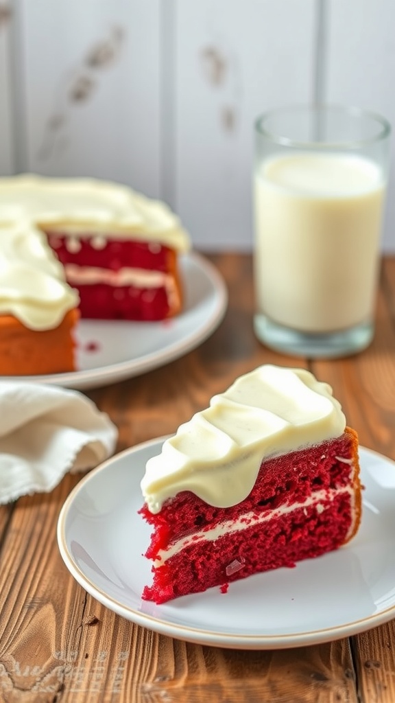 Slice of red velvet cake with cream cheese frosting on a plate next to a glass of milk.