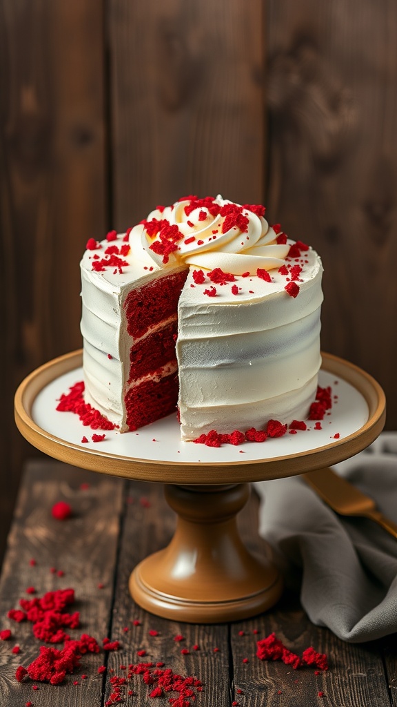 A beautifully decorated red velvet cake with cream cheese frosting, partially sliced, displayed on a wooden cake stand.