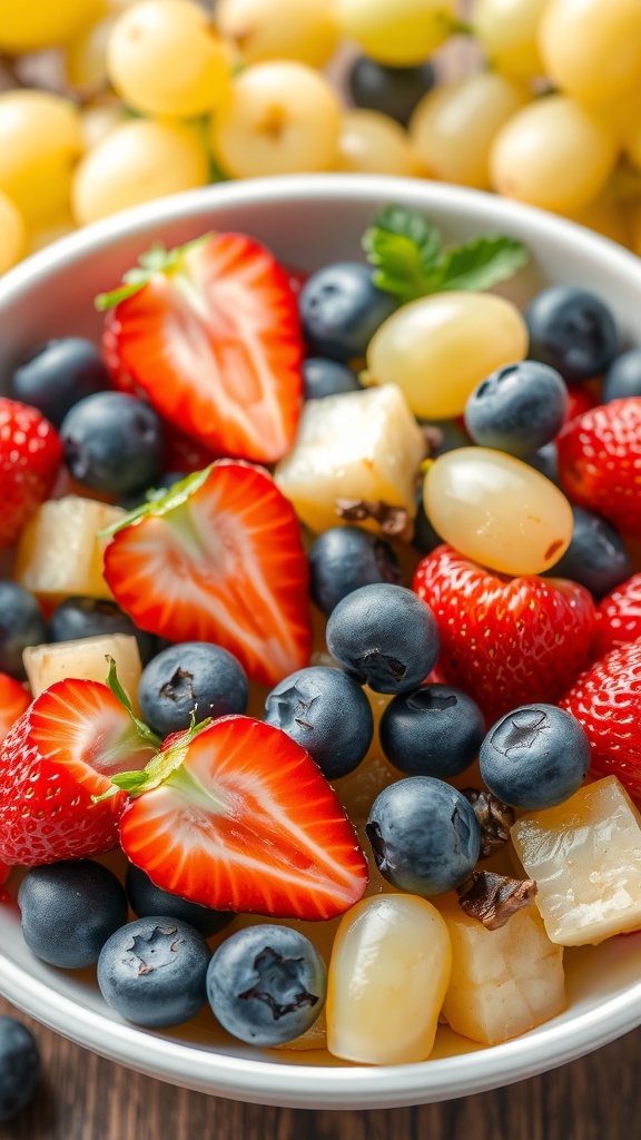 A bowl of colorful fruit salad with strawberries, blueberries, and pineapple.