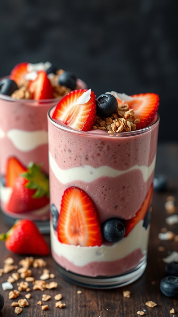 Colorful red, white, and blue smoothie bowls topped with strawberries, blueberries, and granola.