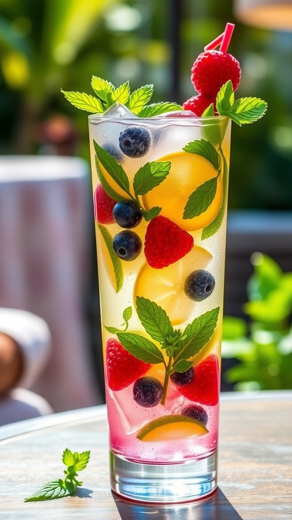 A refreshing Berry Burst Mojito in a glass, garnished with mint and berries.