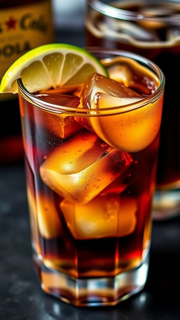 A glass of Bourbon and Cola cocktail with ice and a lime wedge on a wooden bar top.
