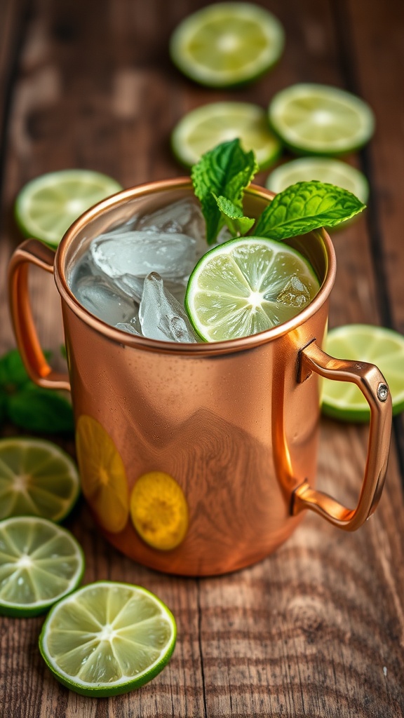 A copper mug filled with a Moscow Mule cocktail, garnished with lime and mint, on a wooden table.