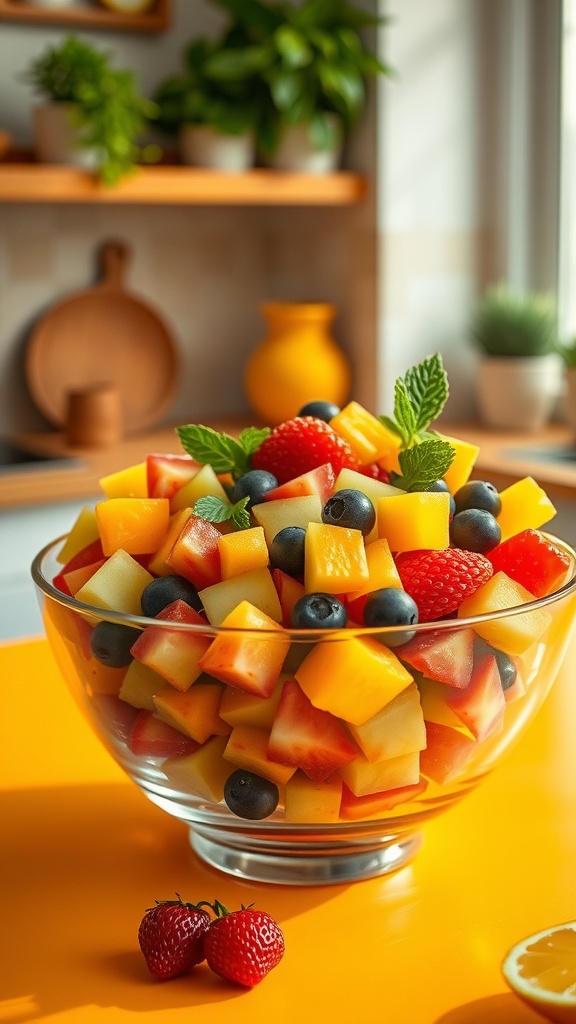 A vibrant bowl of mixed fruit salad with strawberries, blueberries, and mango pieces.