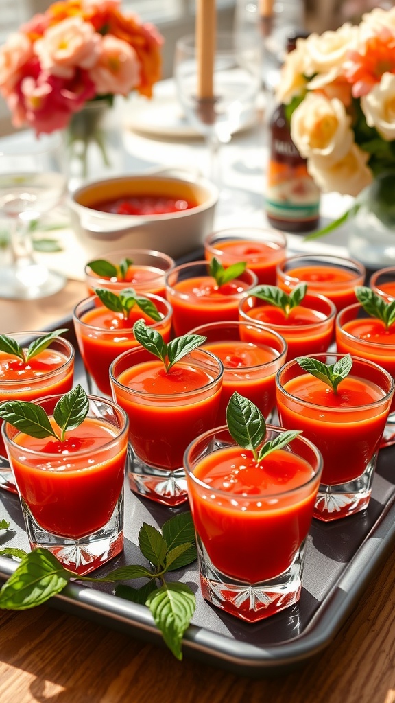 Elegant Chilled Gazpacho Shots for Mother Chilled gazpacho shots with fresh vegetables in a sunny brunch setting.
