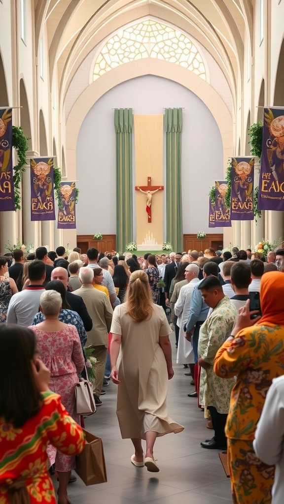 A religious procession in a church with a large crowd, banners, and a crucifix in the background.