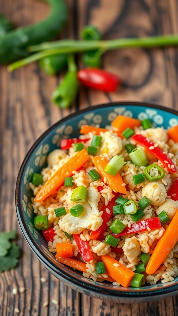 A bowl of riced cauliflower stir-fry with colorful vegetables.