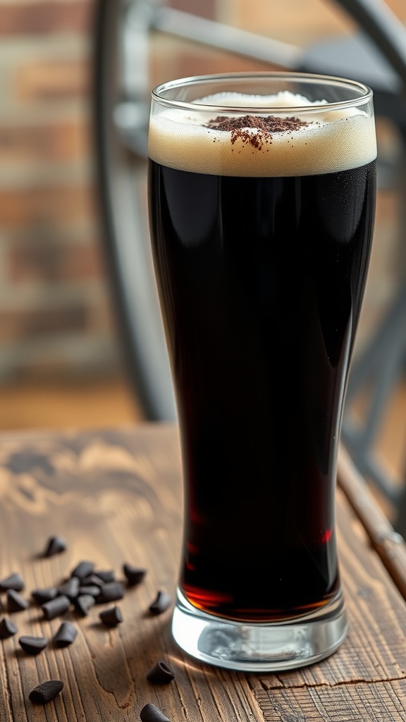 A glass of rich stout beer with a frothy head, surrounded by chocolate chips on a wooden table.