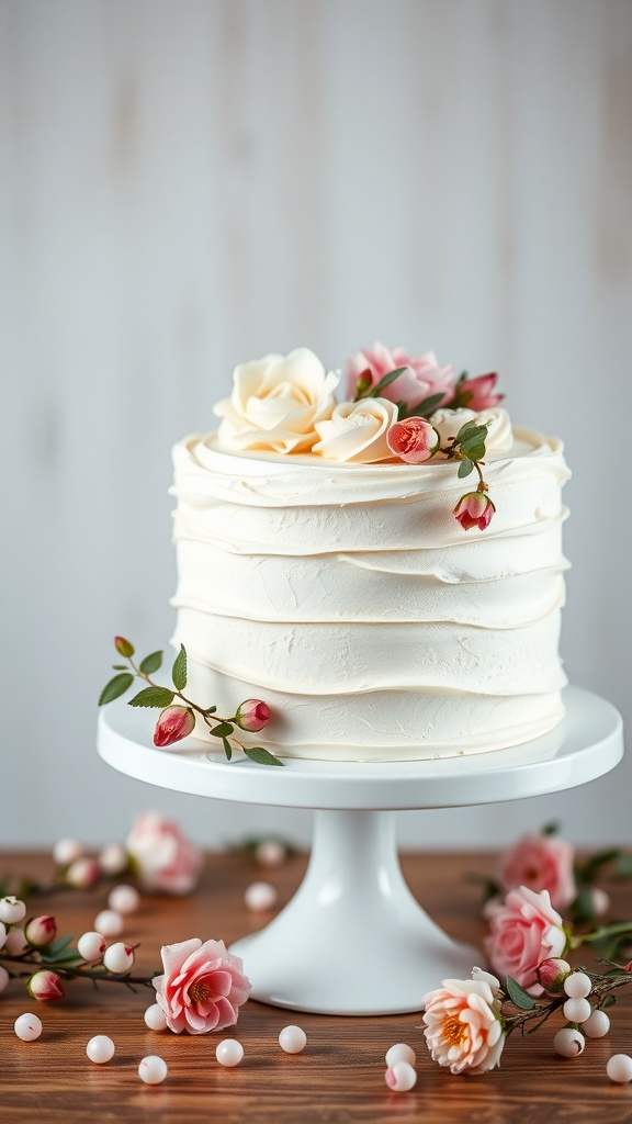 A beautiful vanilla bean buttercream cake adorned with flowers on a white cake stand.