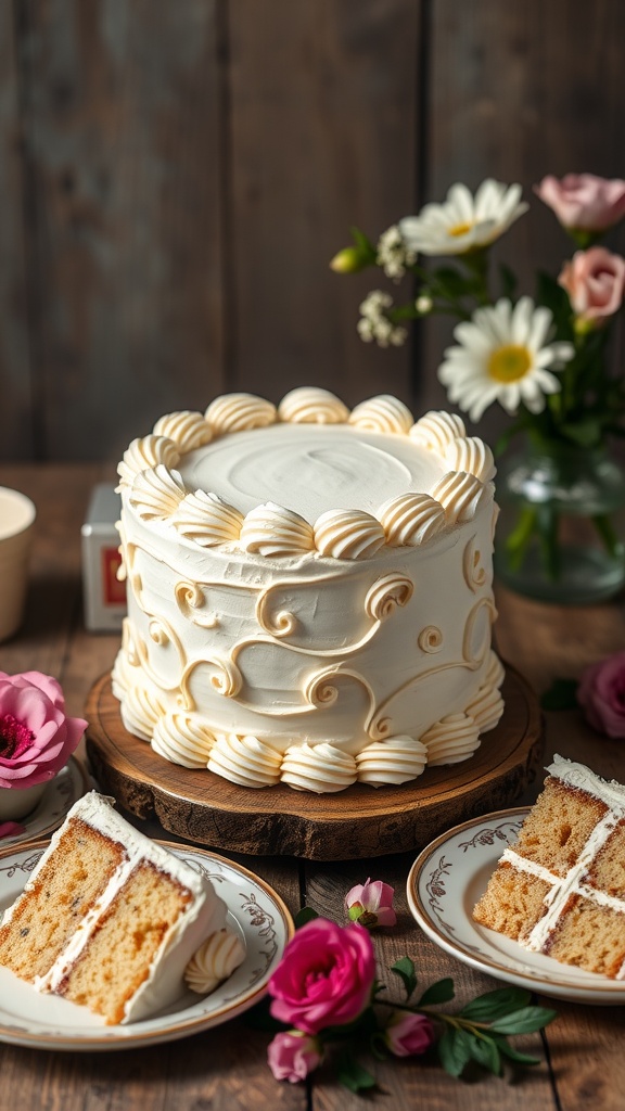 A beautifully decorated Rich Vanilla Bean Buttercream Cake with slices served on plates, surrounded by fresh flowers.