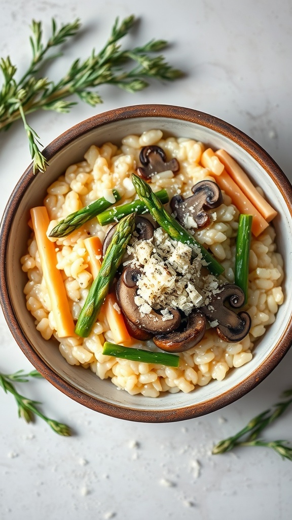 A bowl of risotto topped with asparagus and mushrooms.
