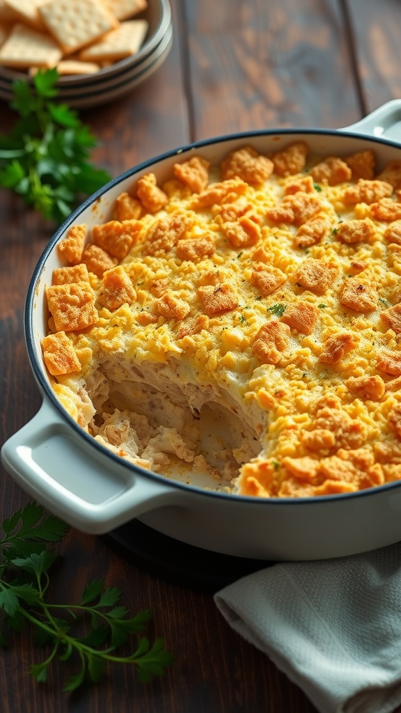 A delicious chicken casserole topped with crushed Ritz crackers, ready to serve.