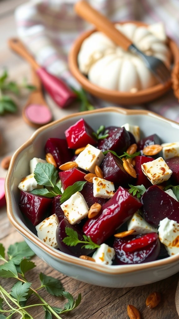 A plate of roasted beet and goat cheese salad with fresh herbs, served on a red and white checkered cloth.