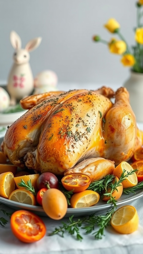 A beautifully roasted lemon herb chicken surrounded by fresh fruits and herbs.