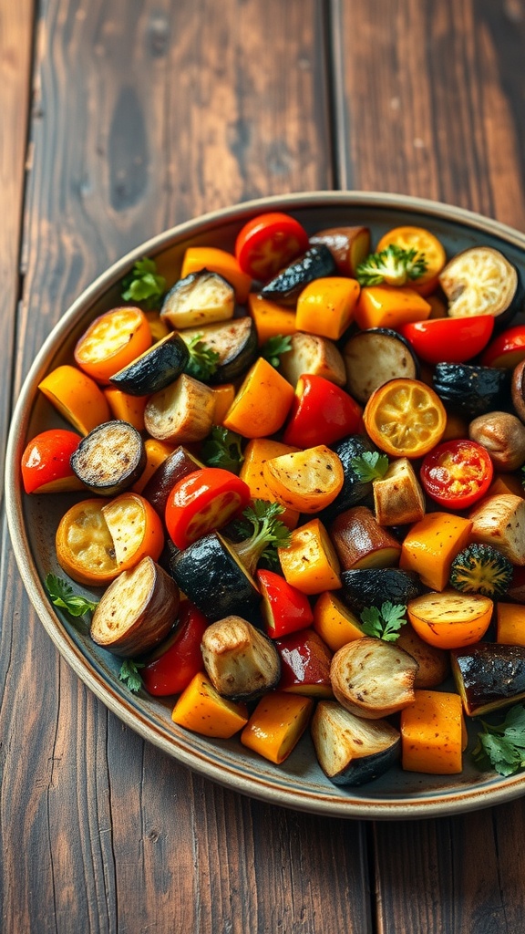 A plate of roasted seasonal vegetables including bell peppers, tomatoes, and squash, garnished with herbs.
