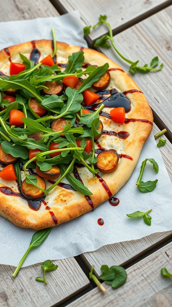 A delicious roasted vegetable flatbread topped with arugula, cherry tomatoes, and drizzled with sauce, placed on a wooden table.